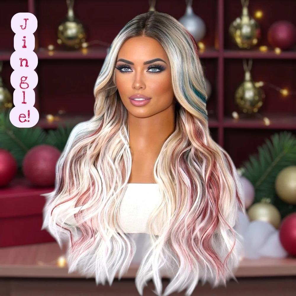 New RARE Martini Wigs Jingle Free Part Long Blonde Wig – Red/Green Highlight